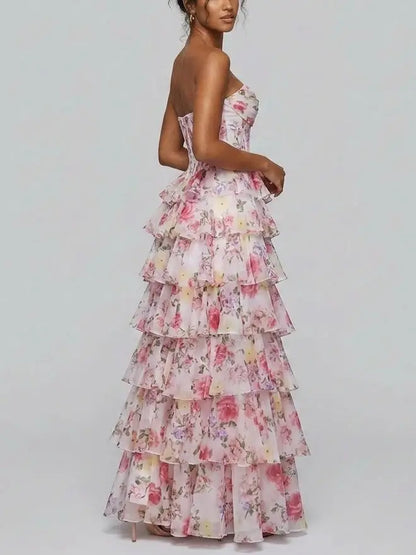 Tiered Floral Strapless Corset Evening Gown - Dresses
