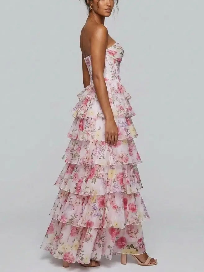 Tiered Floral Strapless Corset Evening Gown - Dresses