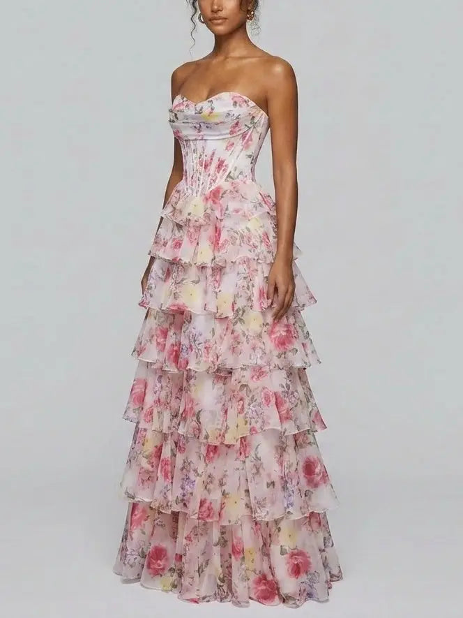 Tiered Floral Strapless Corset Evening Gown - Dresses