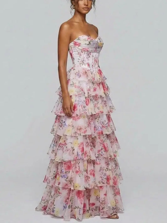 Tiered Floral Strapless Corset Evening Gown - Dresses