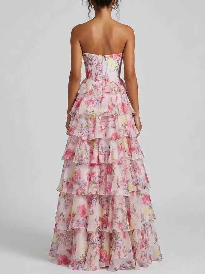 Tiered Floral Strapless Corset Evening Gown - Dresses