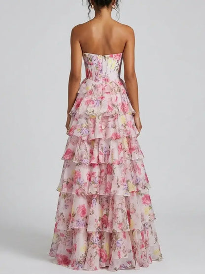Tiered Floral Strapless Corset Evening Gown - Dresses