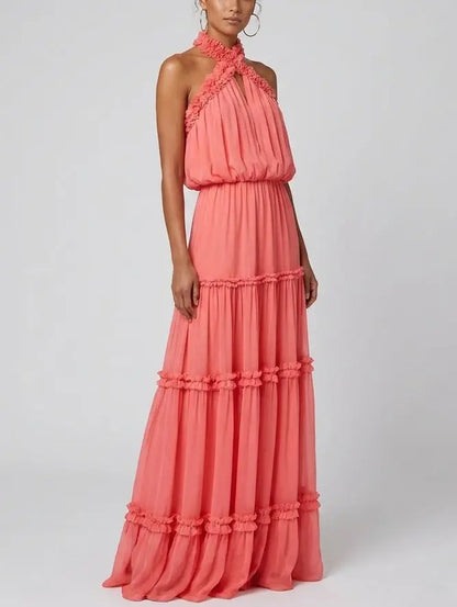 Tiered Halter Maxi Dress in Deep Coral Pink - Dresses