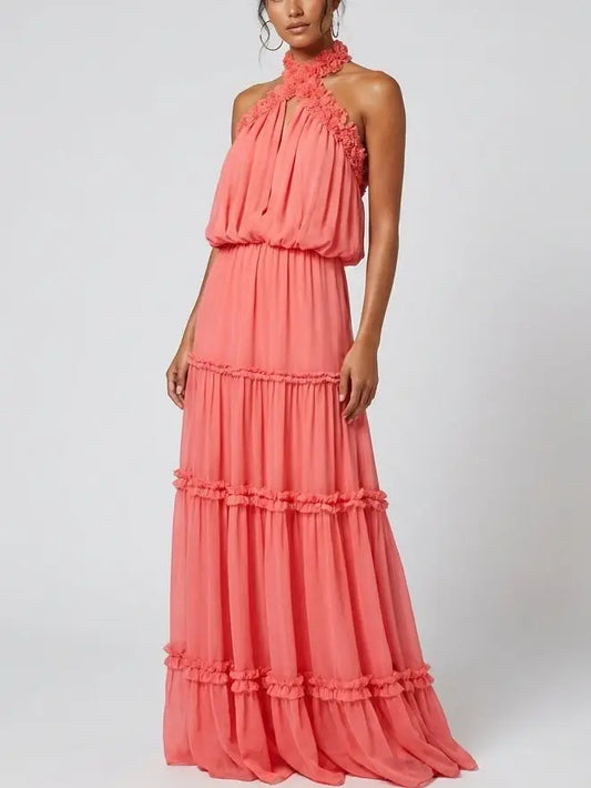 Tiered Halter Maxi Dress in Deep Coral Pink - Dresses