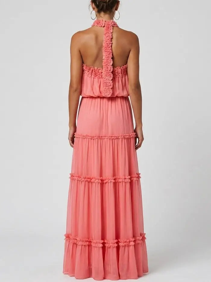 Tiered Halter Maxi Dress in Deep Coral Pink - Dresses