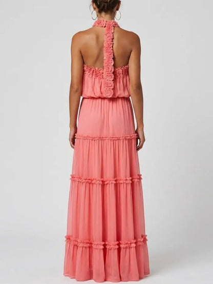 Tiered Halter Maxi Dress in Deep Coral Pink - Dresses