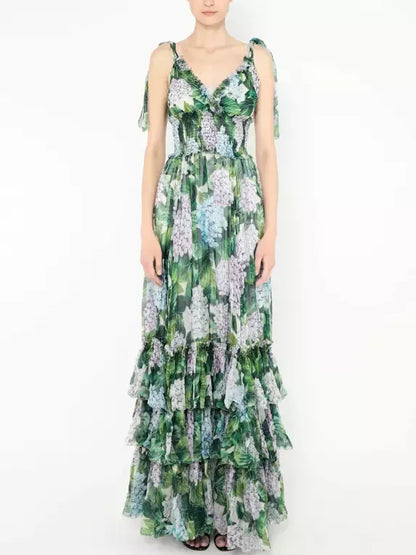 Tiered Hydrangea Chiffon Gown, Green