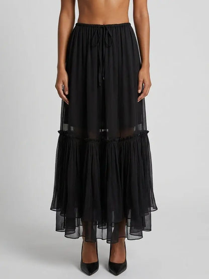 Tiered Layered Maxi Skirt with Drawstring Waist - Small / Black - Skirts