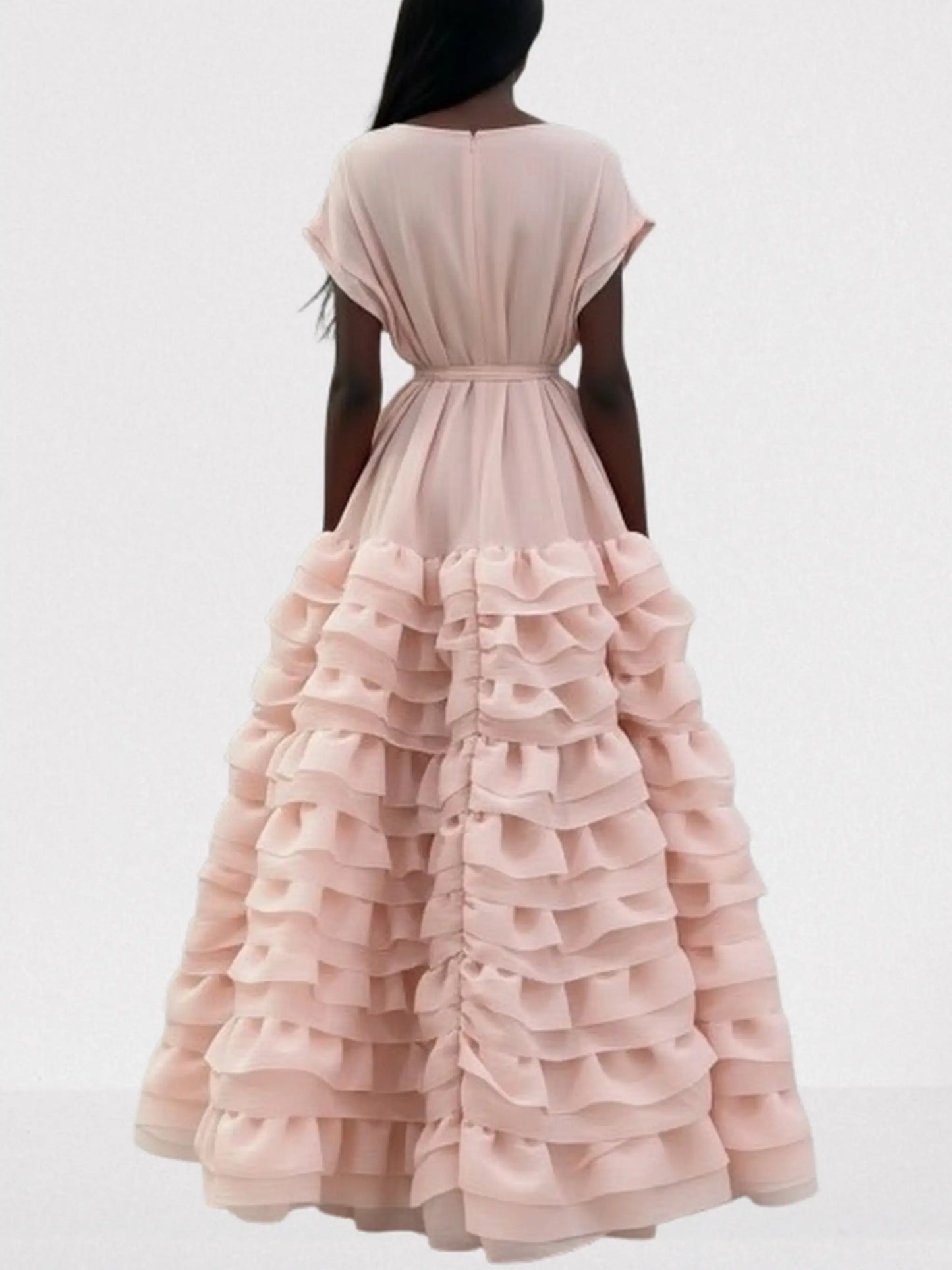 Tiered Ruffle Maxi Dress with Waist Tie - Dresses