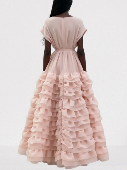 Tiered Ruffle Maxi Dress with Waist Tie - Dresses