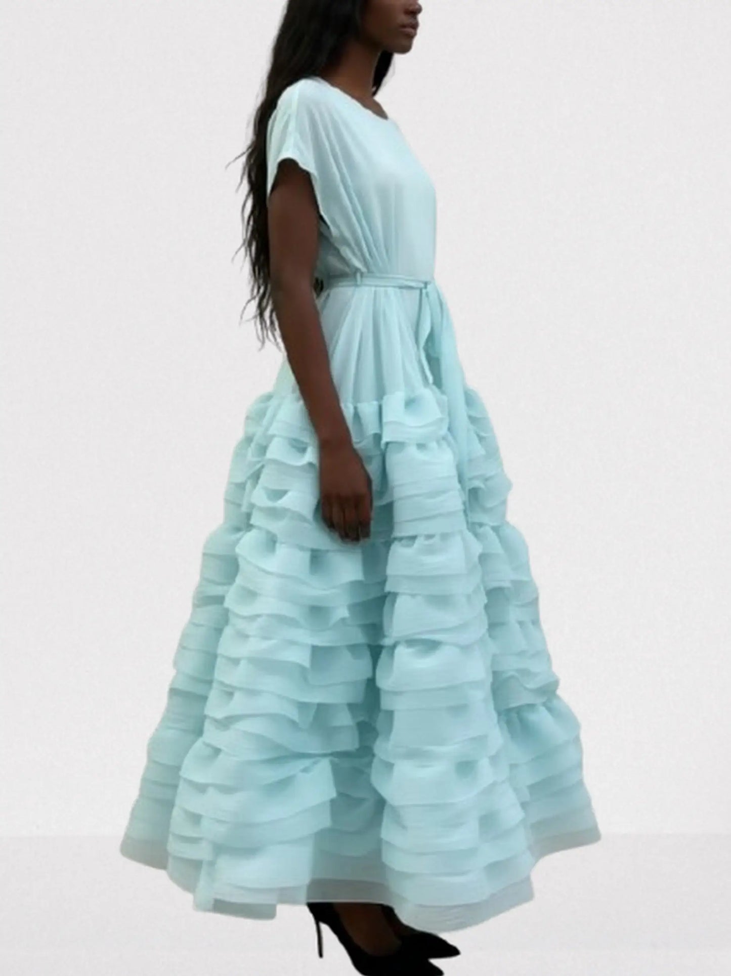 Tiered Ruffle Maxi Dress with Waist Tie - Dresses