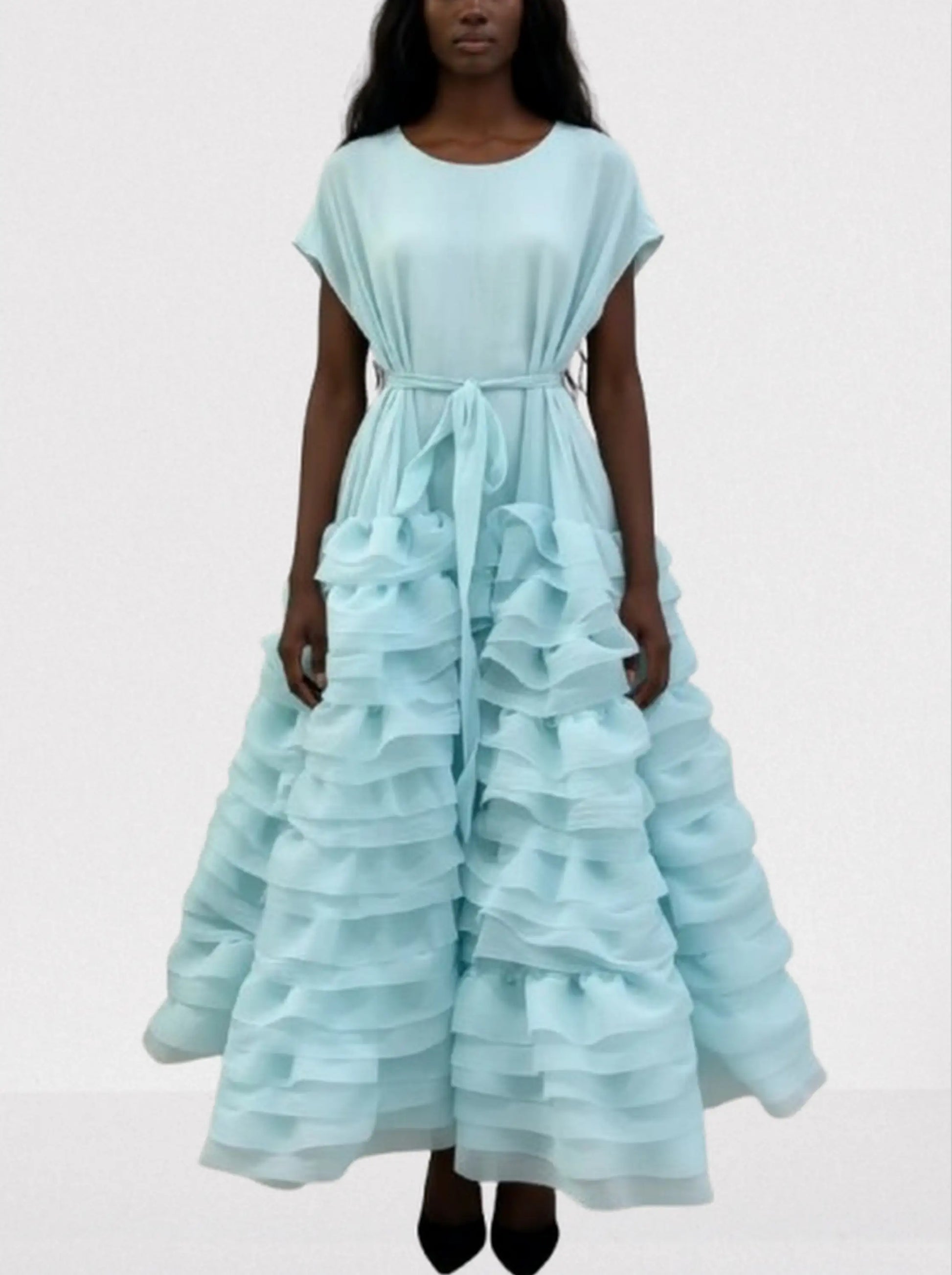 Tiered Ruffle Maxi Dress with Waist Tie - S / Pale Blue - Dresses