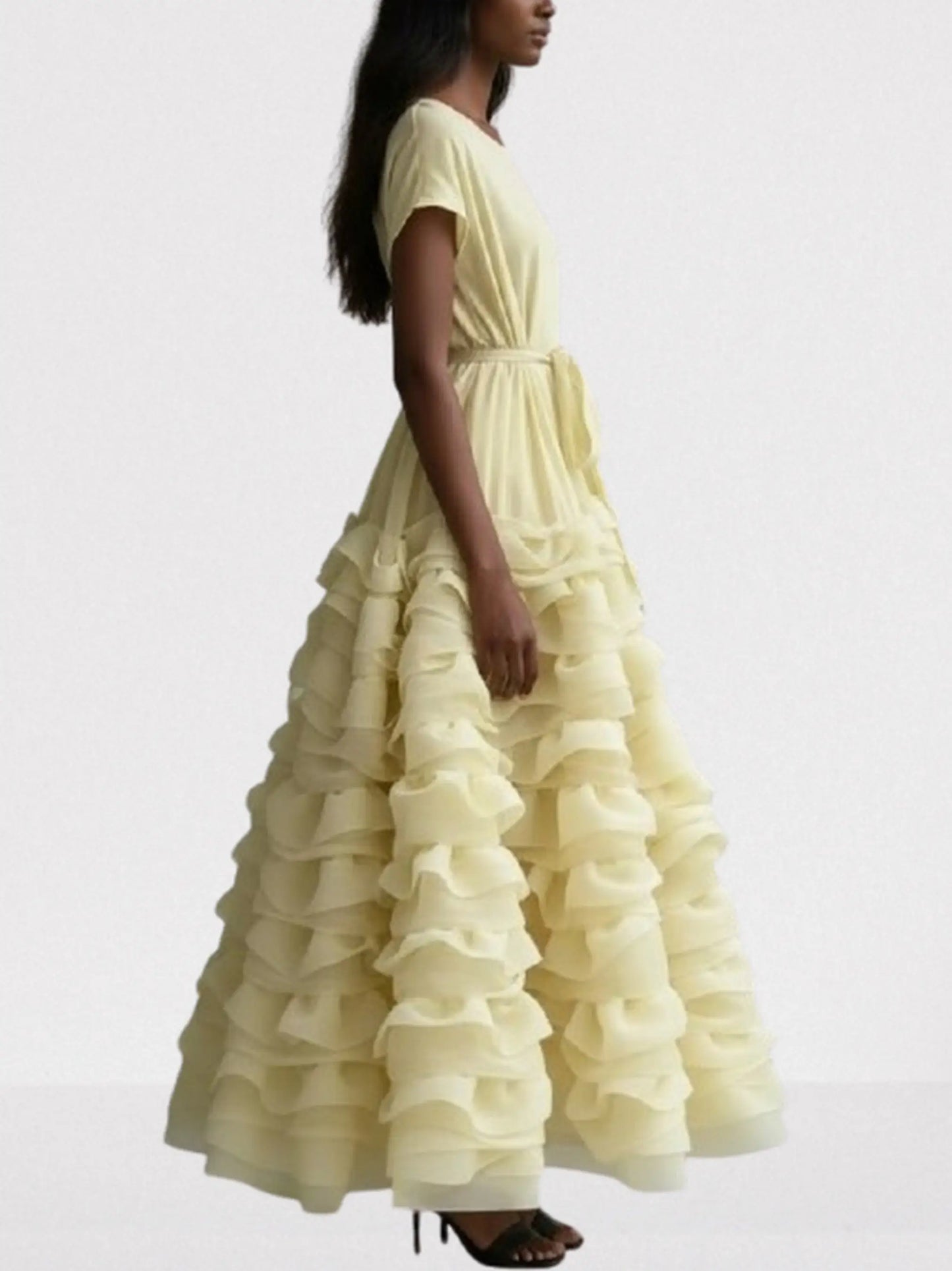 Tiered Ruffle Maxi Dress with Waist Tie - Dresses