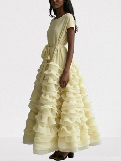 Tiered Ruffle Maxi Dress with Waist Tie - Dresses