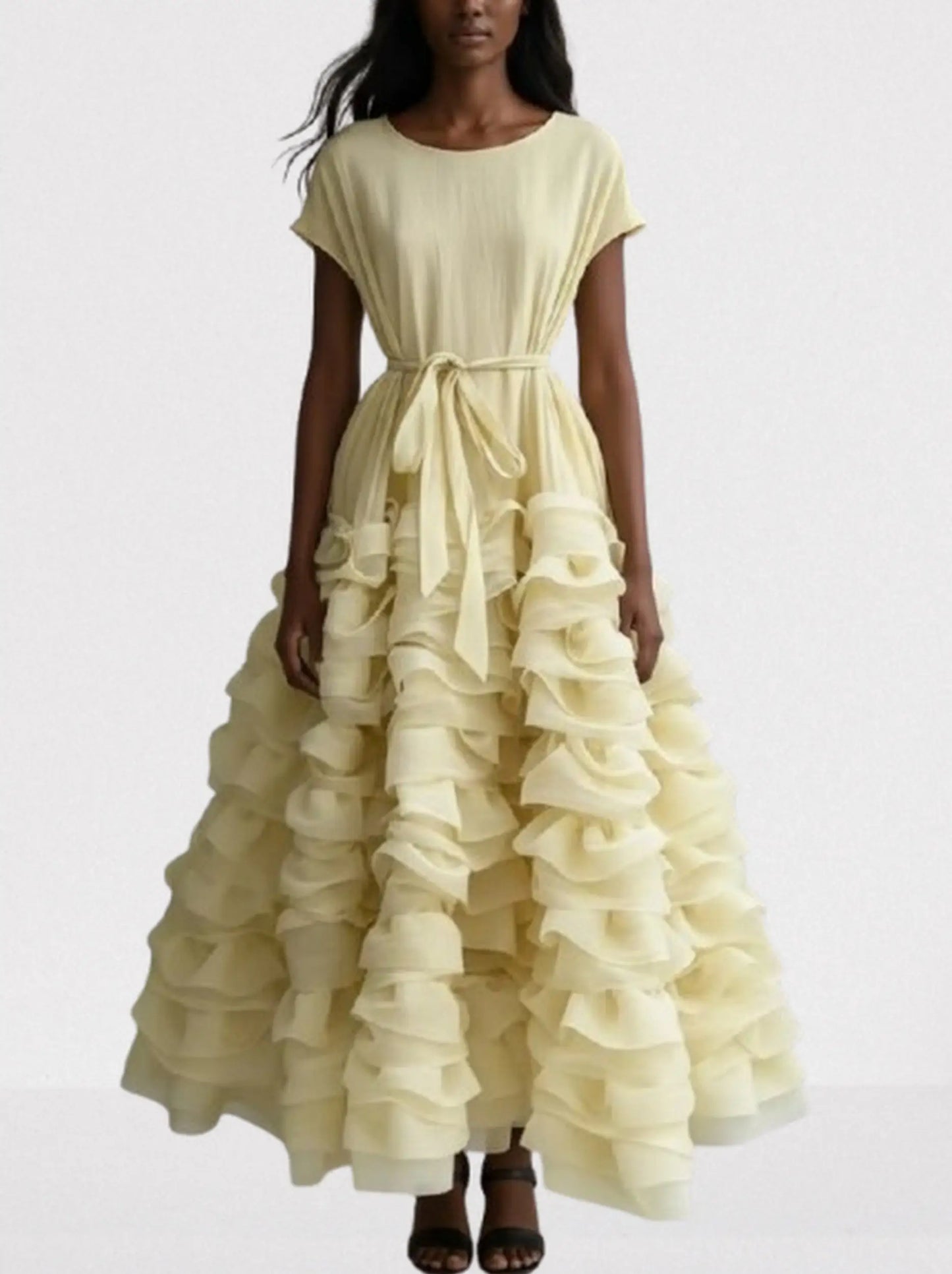 Tiered Ruffle Maxi Dress with Waist Tie - S / Pale Yellow - Dresses