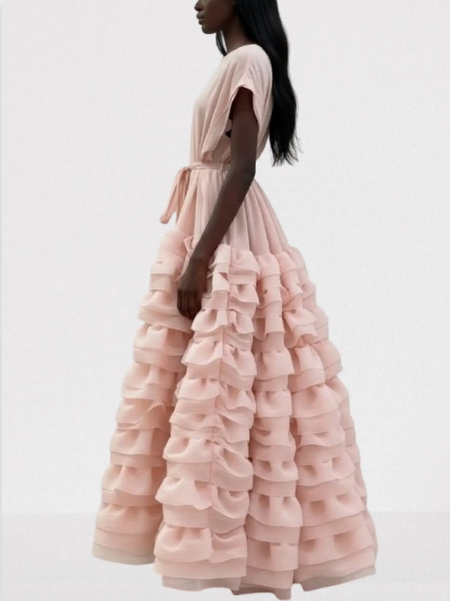 Tiered Ruffle Maxi Dress with Waist Tie - Dresses