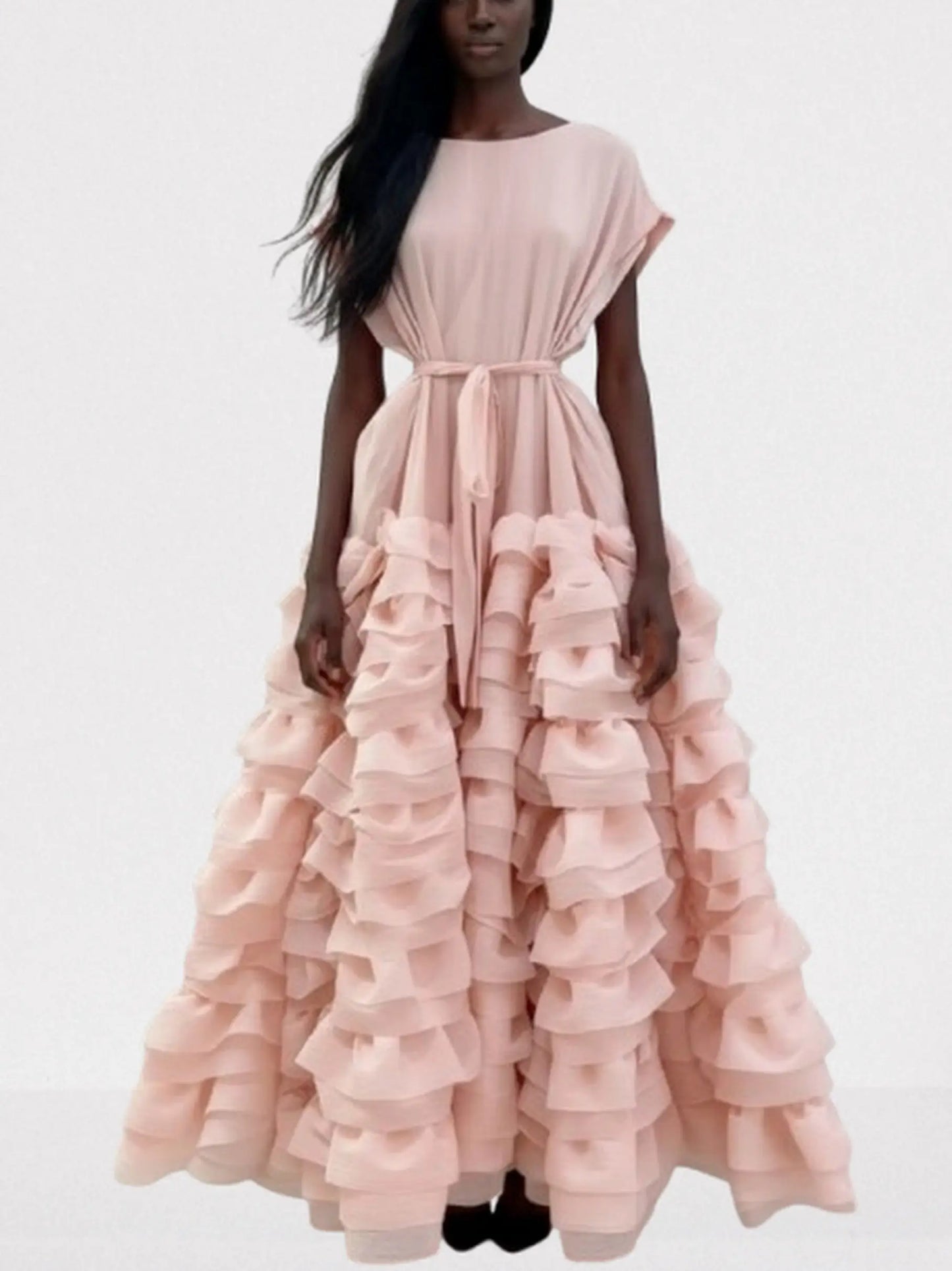 Tiered Ruffle Maxi Dress with Waist Tie - S / Pale Pink - Dresses