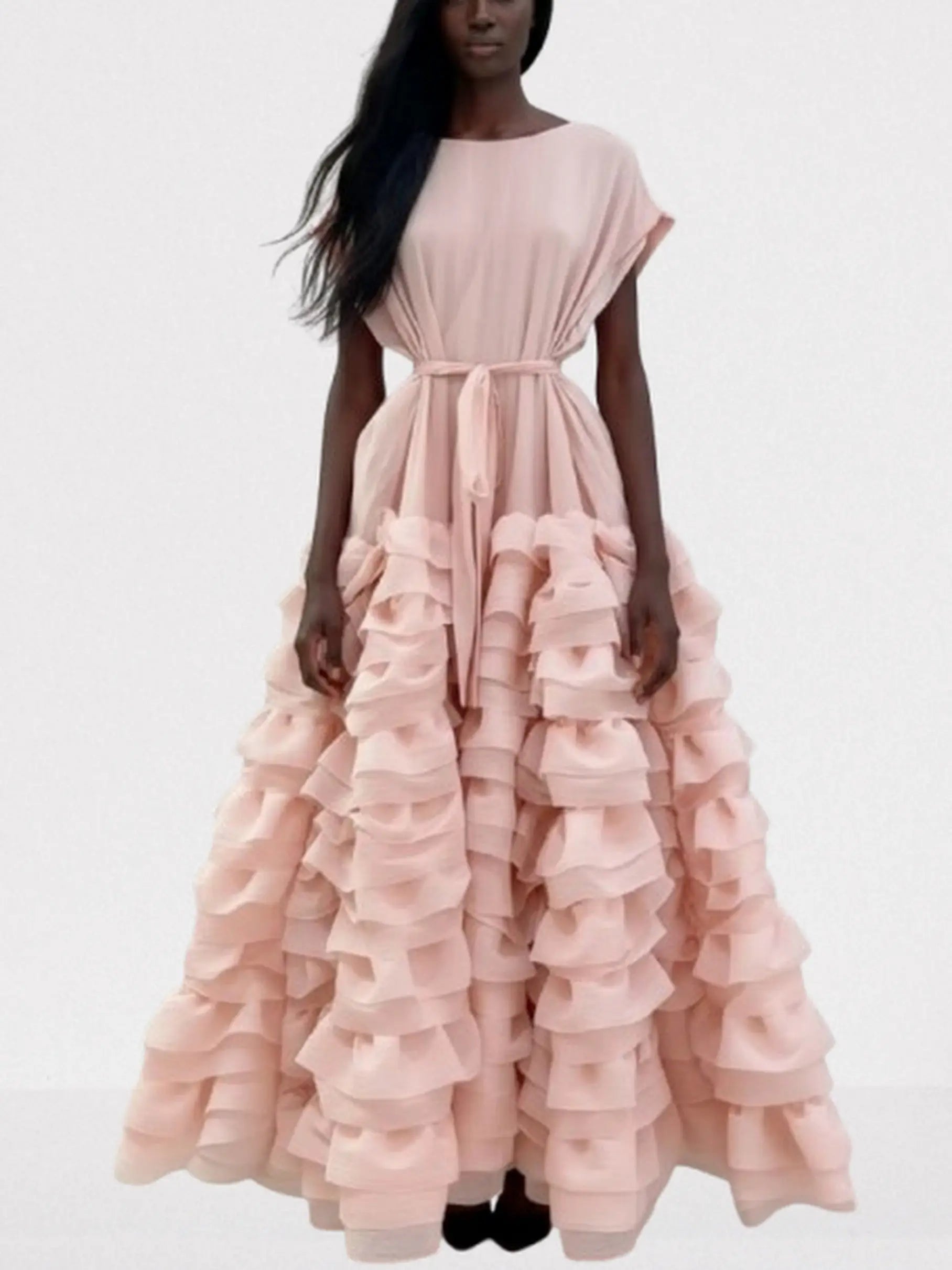 Tiered Ruffle Maxi Dress with Waist Tie - S / Pale Pink - Dresses