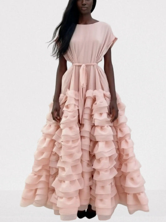 Tiered Ruffle Maxi Dress with Waist Tie - S / Pale Pink - Dresses
