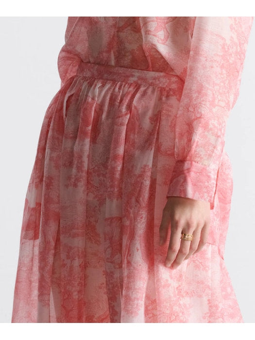 Toile de Jouy Cotton White and Candy Pink Flared Mid-Length Skirt - Branna Couture