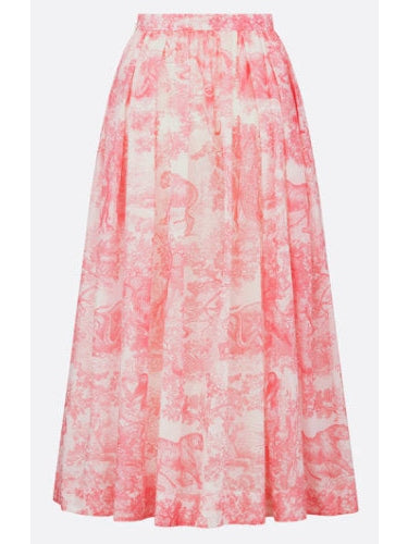 Toile de Jouy Cotton White and Candy Pink Flared Mid-Length Skirt - Branna Couture