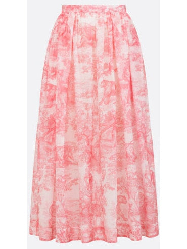 Toile de Jouy Cotton White and Candy Pink Flared Mid-Length Skirt - Branna Couture