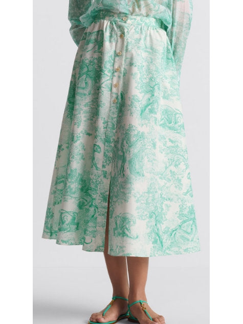 Toile de Jouy Print  Mid-Length Skirt in White and Aquamarine/Green - Branna Couture