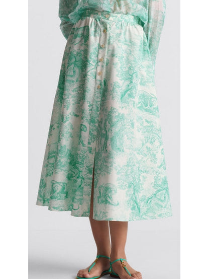 Toile de Jouy Print  Mid-Length Skirt in White and Aquamarine/Green - Branna Couture