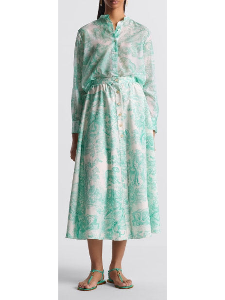 Toile de Jouy Print  Mid-Length Skirt in White and Aquamarine/Green - Branna Couture