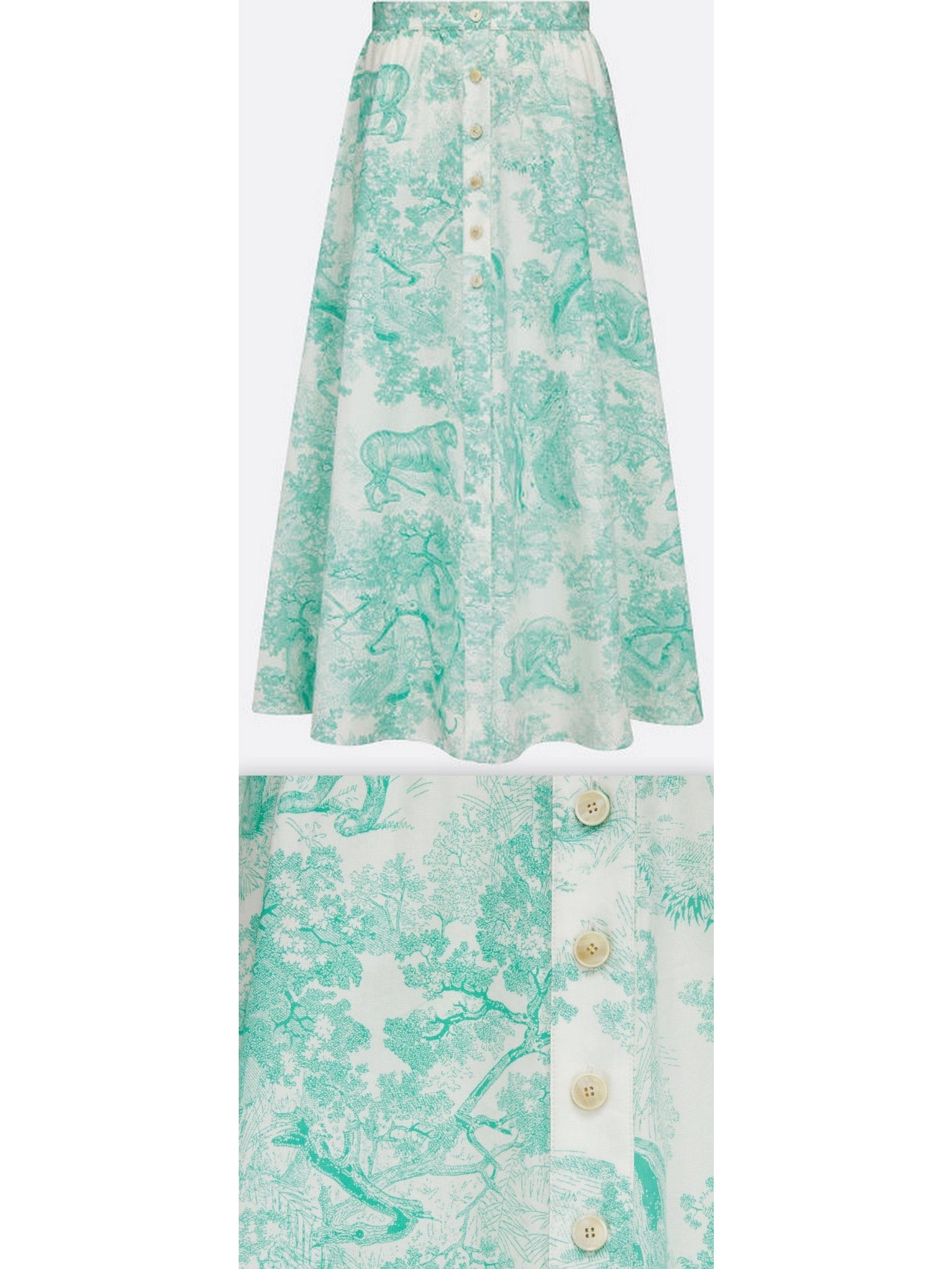 Toile de Jouy Print  Mid-Length Skirt in White and Aquamarine/Green - Branna Couture