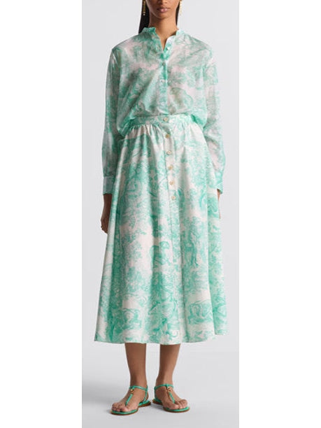 Toile de Jouy Print  Mid-Length Skirt in White and Aquamarine/Green - Branna Couture