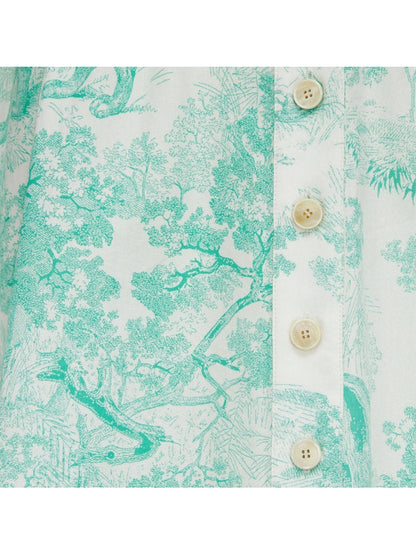 Toile de Jouy Print  Mid-Length Skirt in White and Aquamarine/Green - Branna Couture