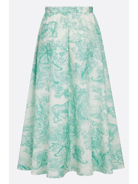 Toile de Jouy Print  Mid-Length Skirt in White and Aquamarine/Green - Branna Couture