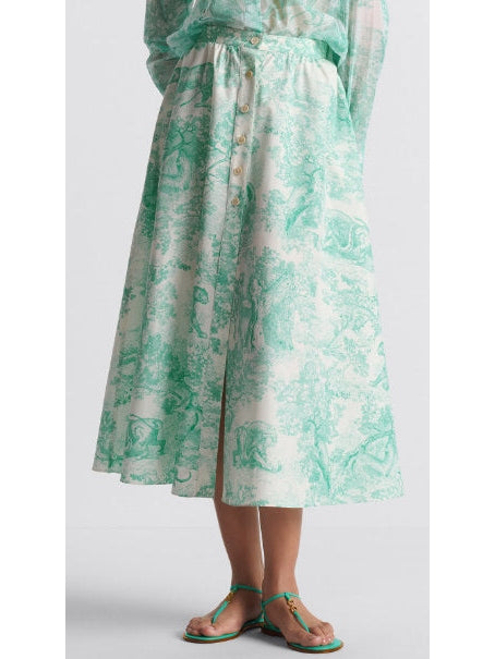 Toile de Jouy Print  Mid-Length Skirt in White and Aquamarine/Green - Branna Couture