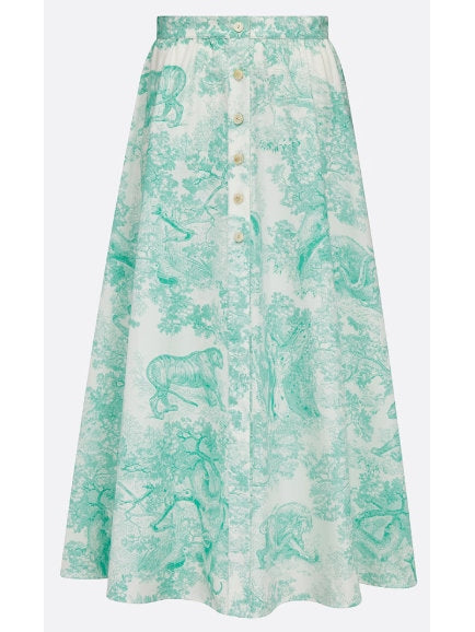 Toile de Jouy Print  Mid-Length Skirt in White and Aquamarine/Green - Branna Couture