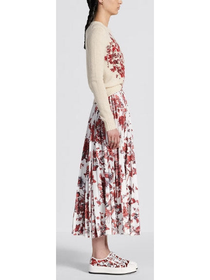 Toile de Jouy Red and White Printed Mid-Length Pleated Skirt - Branna Couture