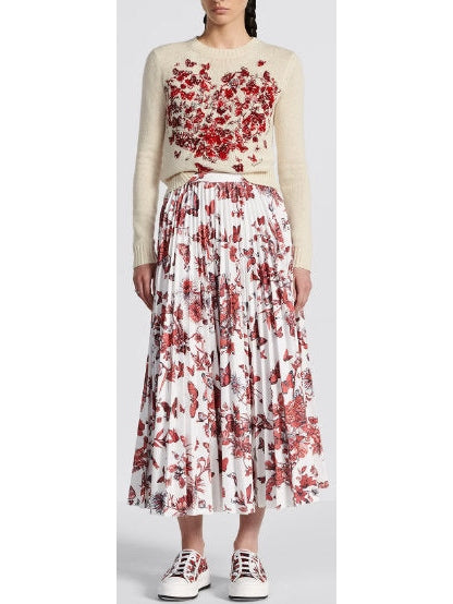 Toile de Jouy Red and White Printed Mid-Length Pleated Skirt - Branna Couture