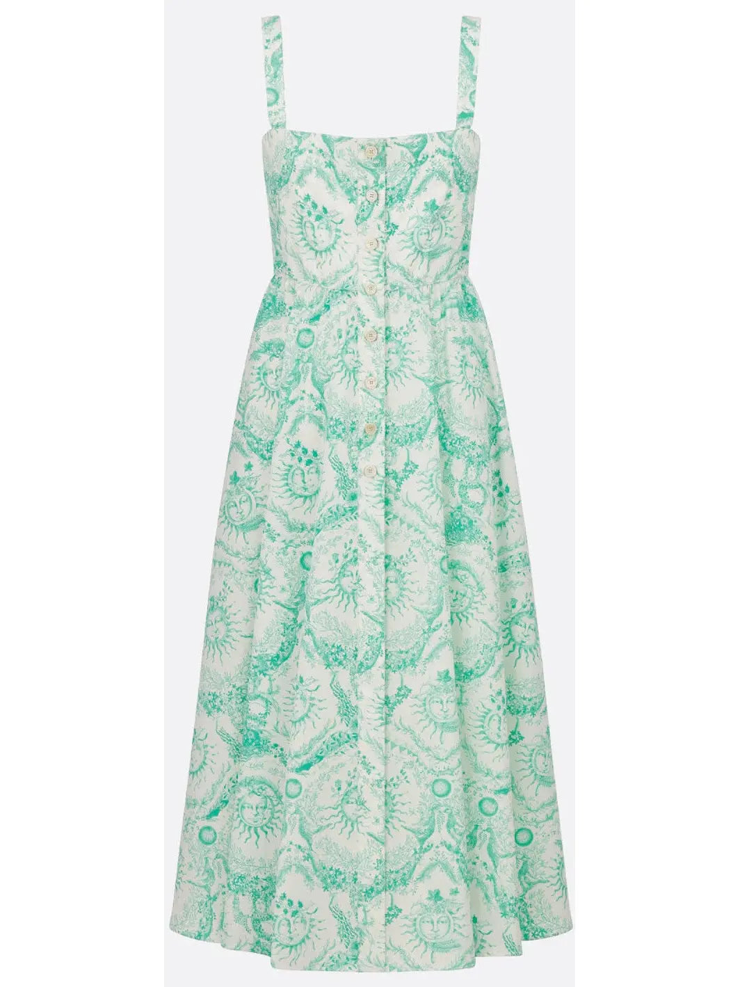 Toile de Jouy Soleil Motif Flared Mid-Length Dress in White and Aquamarine - Branna Couture