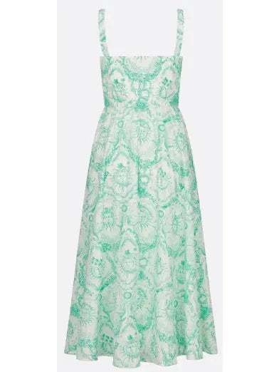 Toile de Jouy Soleil Motif Flared Mid-Length Dress in White and Aquamarine - Branna Couture