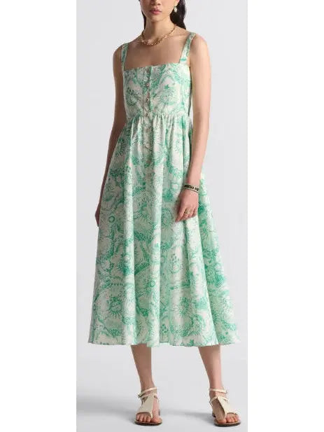 Toile de Jouy Soleil Motif Flared Mid-Length Dress in White and Aquamarine - Branna Couture