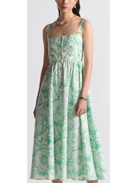 Toile de Jouy Soleil Motif Flared Mid-Length Dress in White and Aquamarine - Branna Couture