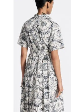 Toile de Jouy Soleil Motif Mid-Length Shirt Dress - Branna Couture