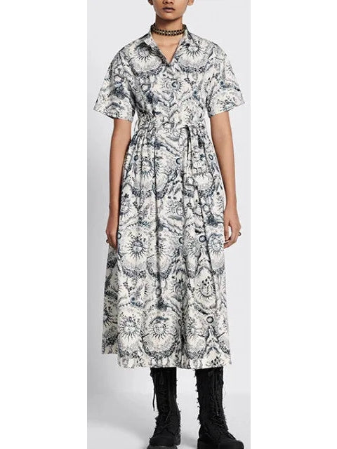 Toile de Jouy Soleil Motif Mid-Length Shirt Dress - Branna Couture