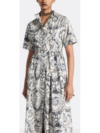 Toile de Jouy Soleil Motif Mid-Length Shirt Dress - Branna Couture