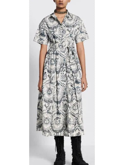 Toile de Jouy Soleil Motif Mid-Length Shirt Dress - Branna Couture