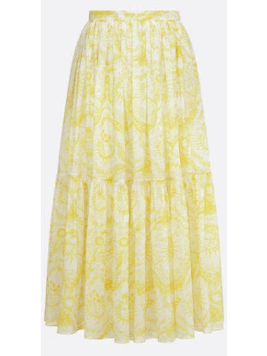 Toile de Jouy Sun Print White and Lemon Yellow Mid-Length Skirt - Branna Couture