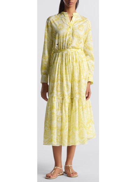 Toile de Jouy Sun Print White and Lemon Yellow Mid-Length Skirt - Branna Couture