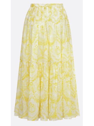 Toile de Jouy Sun Print White and Lemon Yellow Mid-Length Skirt - Branna Couture