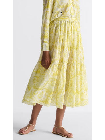 Toile de Jouy Sun Print White and Lemon Yellow Mid-Length Skirt - Branna Couture