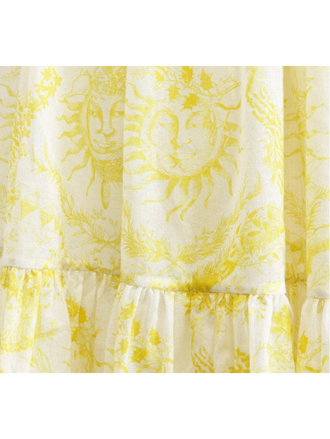 Toile de Jouy Sun Print White and Lemon Yellow Mid-Length Skirt - Branna Couture